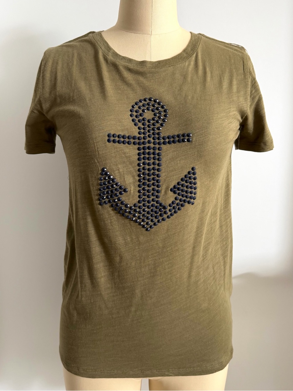 NEW J.CREW Olive Green Studded Anchor Crew Neck T-Shirt NWT size XS